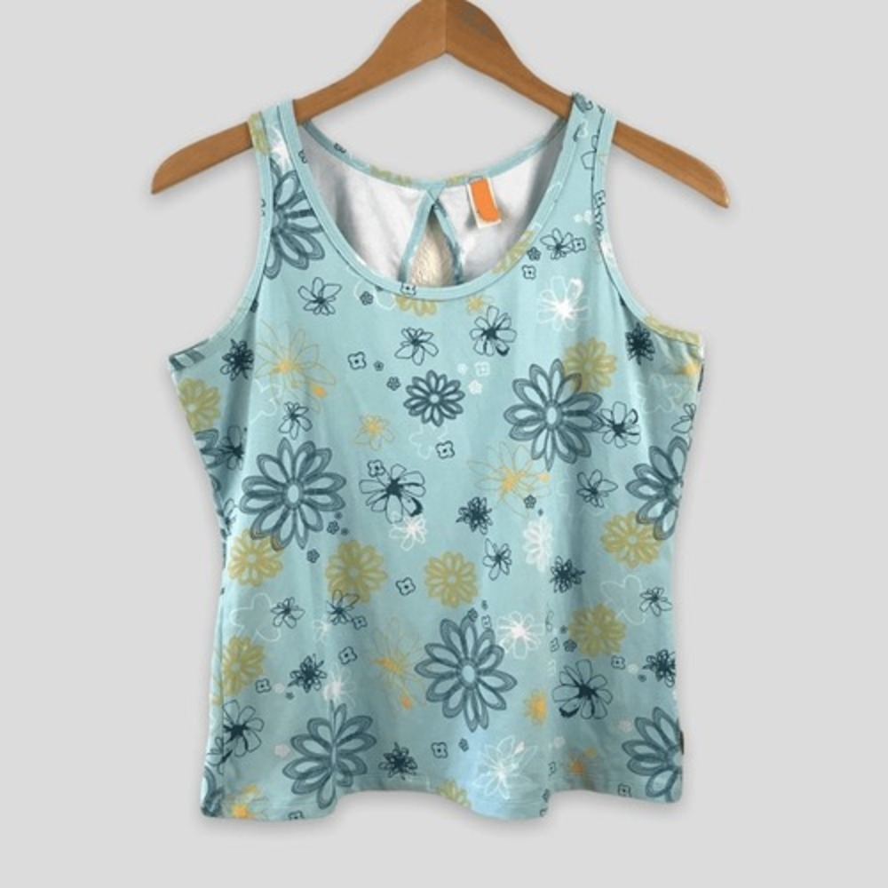 Lucy Womens Large Blue Floral Keyhole Back Supplex Lycra Activewear Tank‎ Top